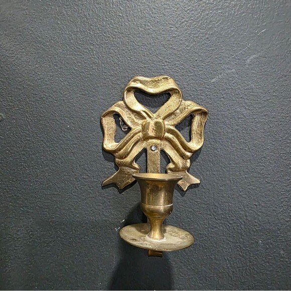 Set Of 2 Brass Bow Ribbon Taper Candle Holders Wall Sconce 5.5 X 3.5 Vintage - Picture 8 of 11